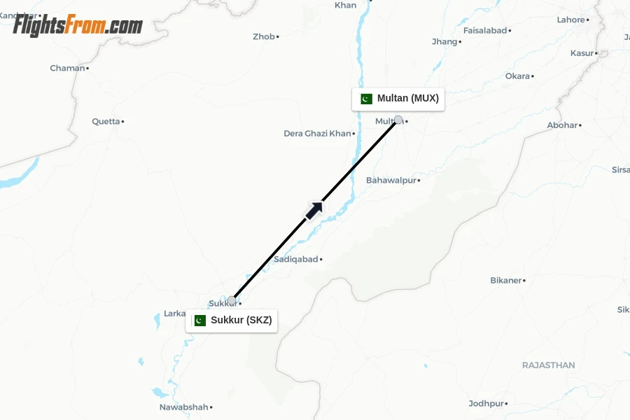 Flights from Sukkur to Multan route map