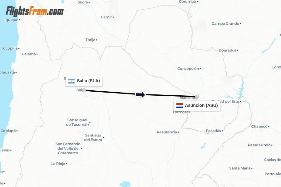 Flights from Salta to Asuncion route map