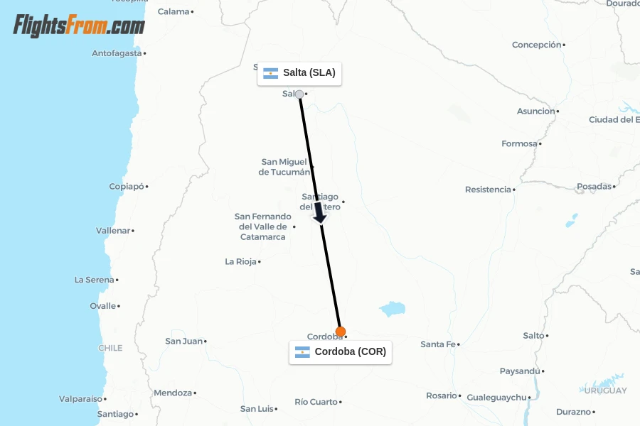 Flights from Salta to Cordoba route map