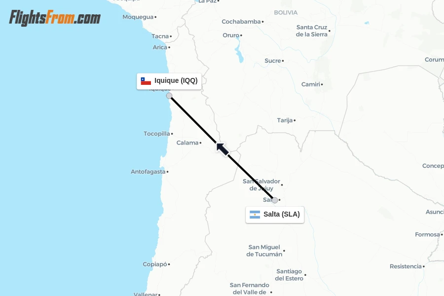 Flights from Salta to Iquique route map