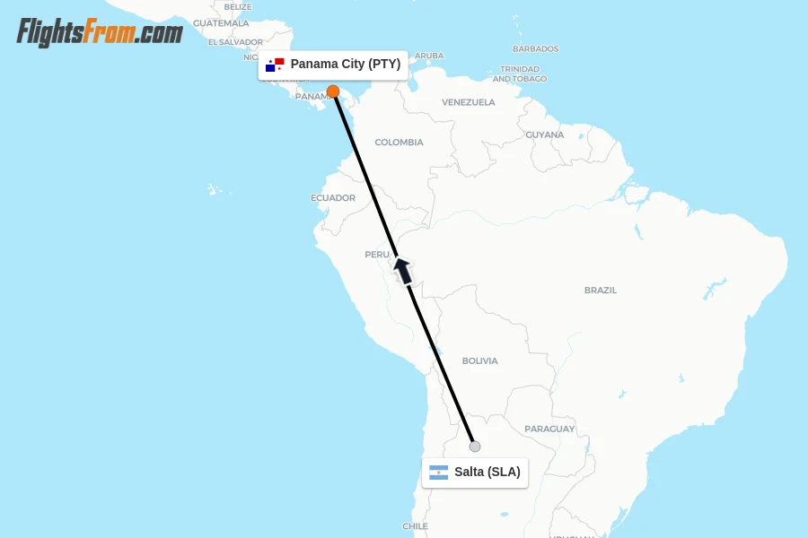 Flights from Salta to Panama City route map