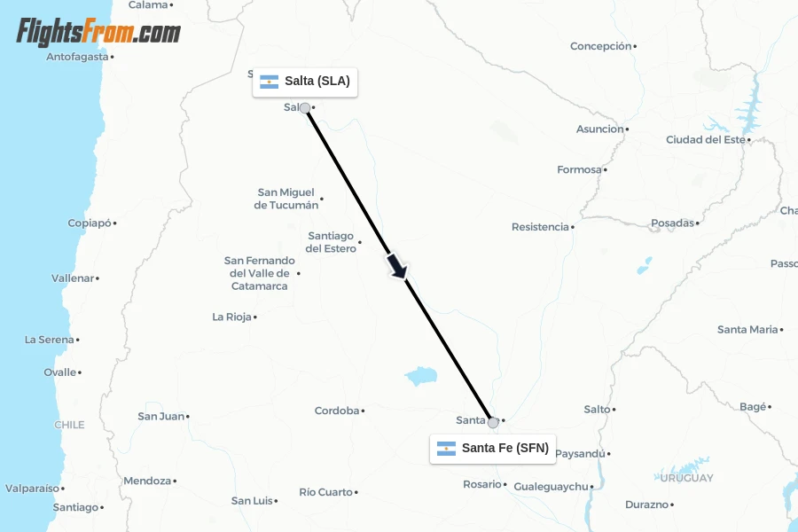 Flights from Salta to Santa Fe route map