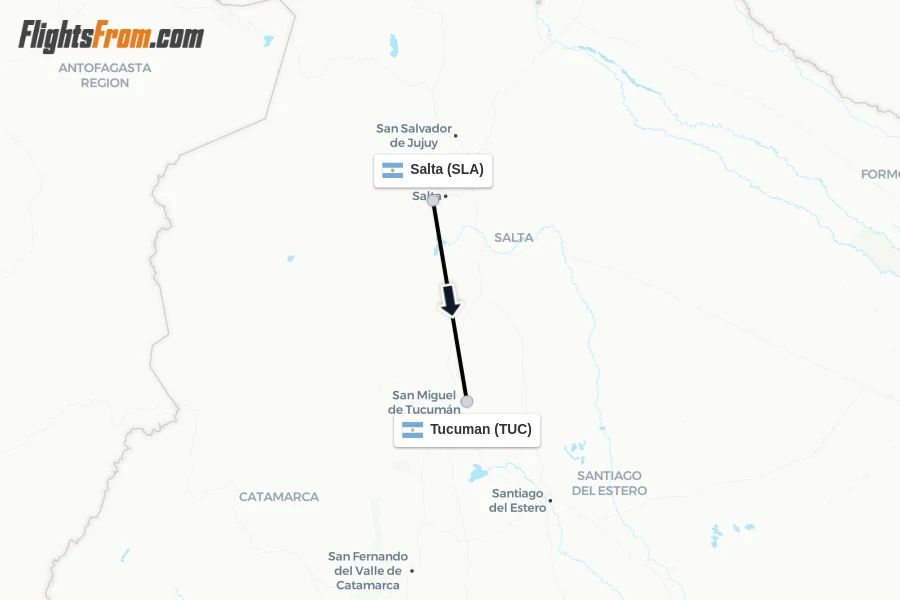 Flights from Salta to Tucuman route map