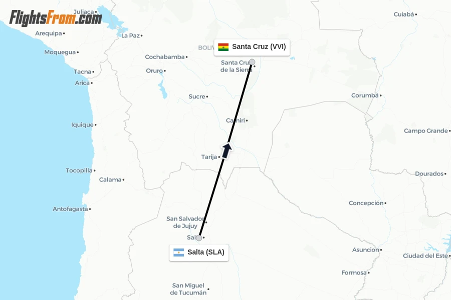 Flights from Salta to Santa Cruz route map
