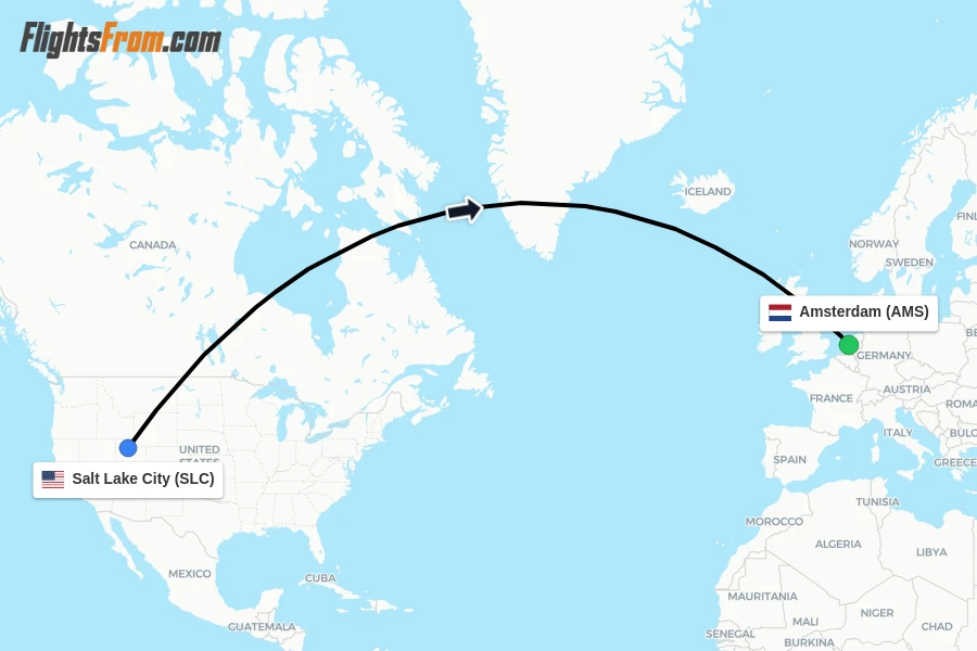 Flights from Salt Lake City to Amsterdam route map