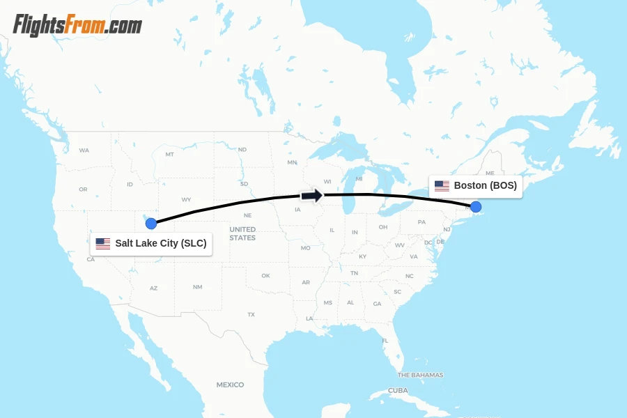 Flights from Salt Lake City to Boston route map
