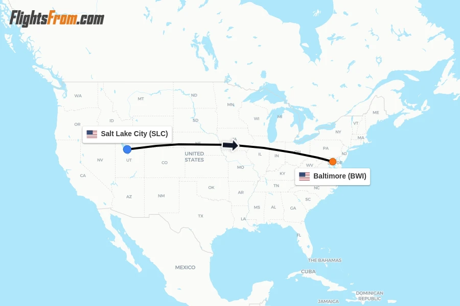 Flights from Salt Lake City to Baltimore route map