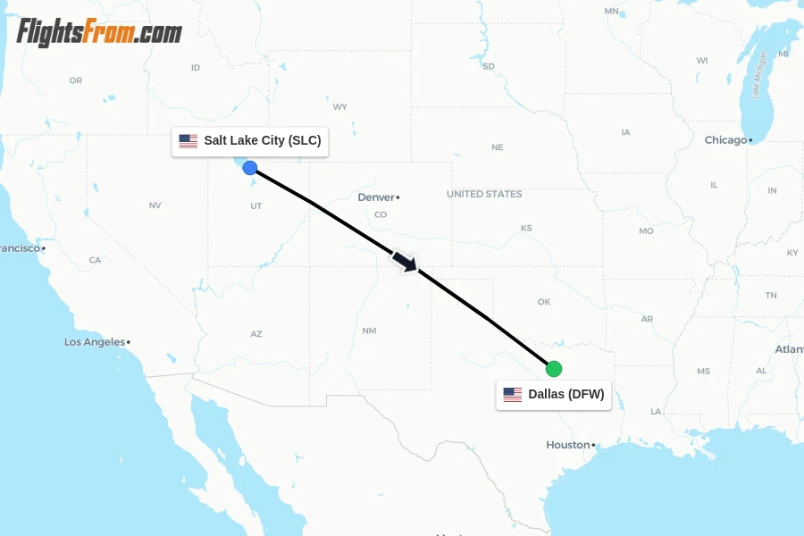 Flights from Salt Lake City to Dallas route map