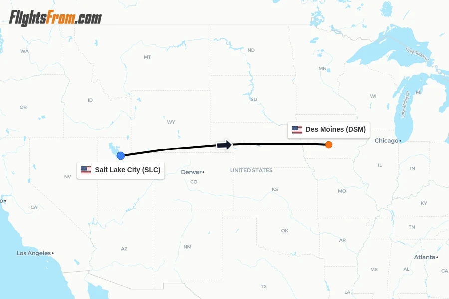 Flights from Salt Lake City to Des Moines route map