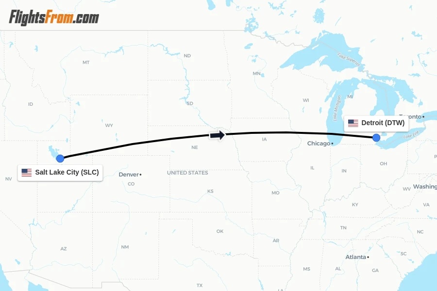 Flights from Salt Lake City to Detroit route map