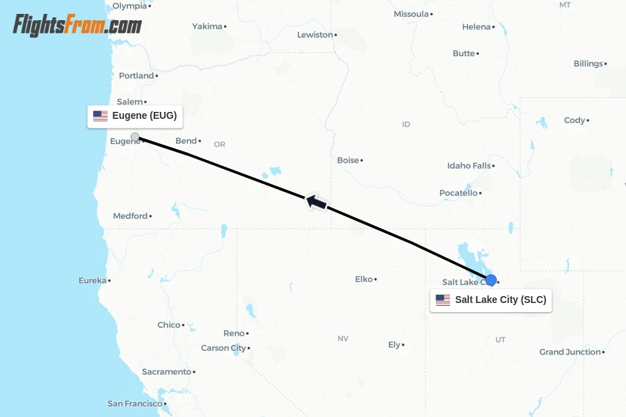 Flights from Salt Lake City to Eugene route map