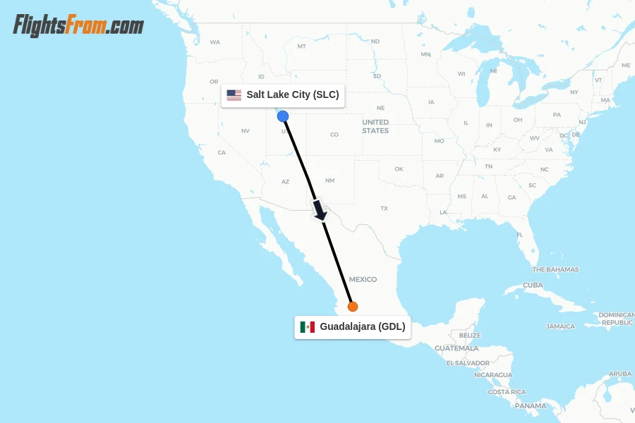 Flights from Salt Lake City to Guadalajara route map