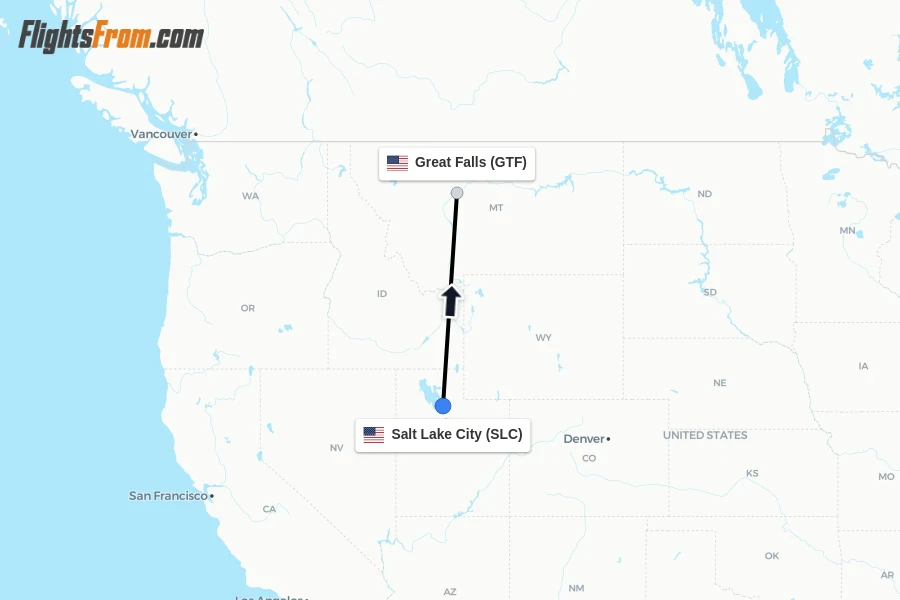 Flights from Salt Lake City to Great Falls route map