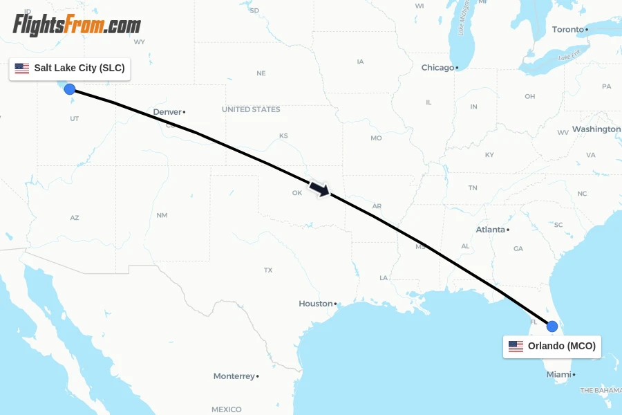 Flights from Salt Lake City to Orlando route map