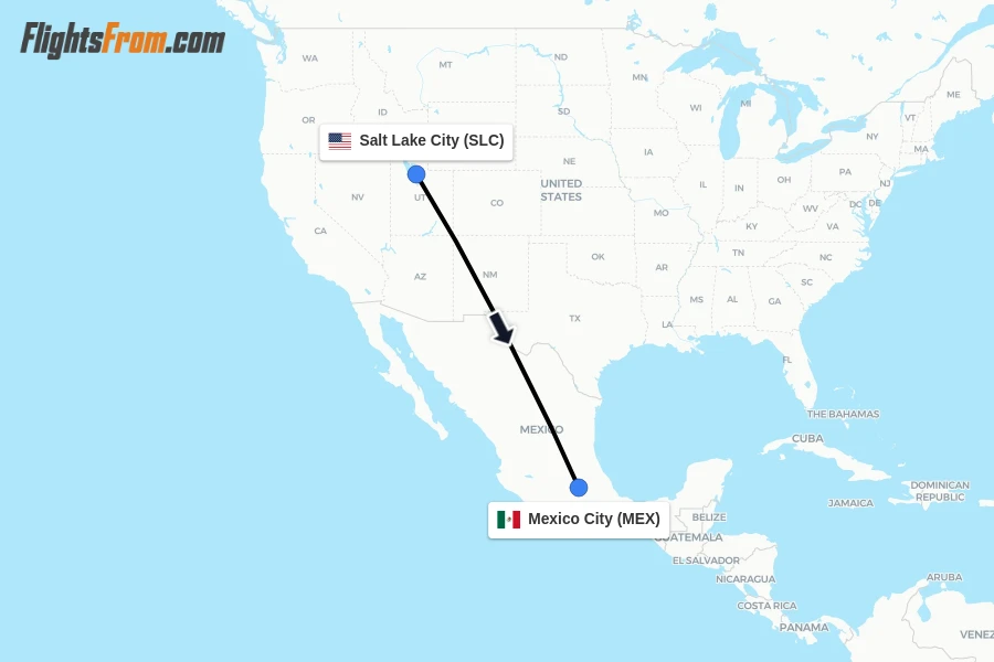 Flights from Salt Lake City to Mexico City route map