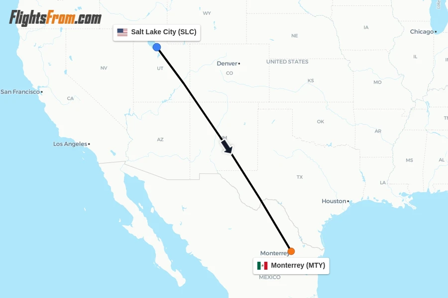 Flights from Salt Lake City to Monterrey route map