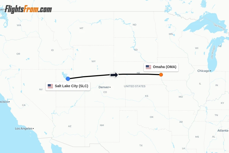 Flights from Salt Lake City to Omaha route map