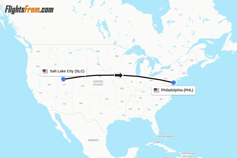 Flights from Salt Lake City to Philadelphia route map