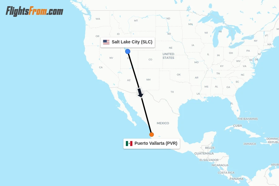 Flights from Salt Lake City to Puerto Vallarta route map