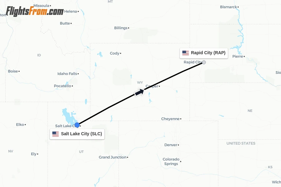 Flights from Salt Lake City to Rapid City route map