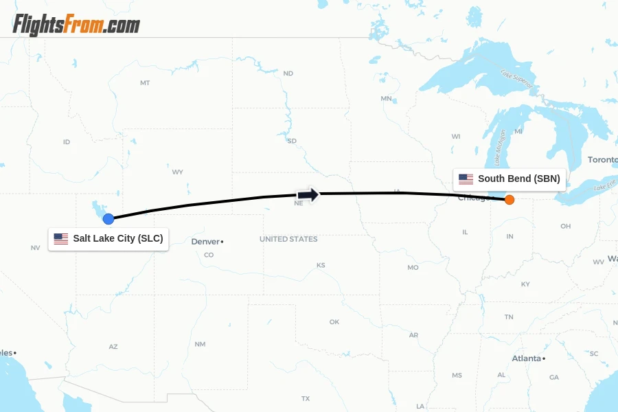 Flights from Salt Lake City to South Bend route map