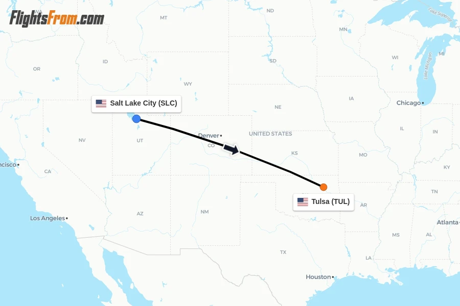 Flights from Salt Lake City to Tulsa route map