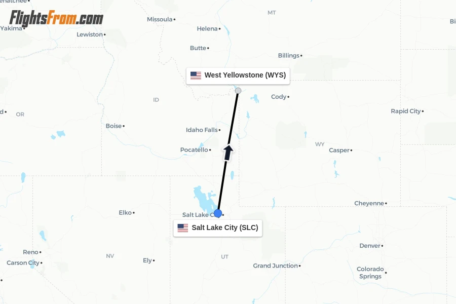 Flights from Salt Lake City to West Yellowstone route map