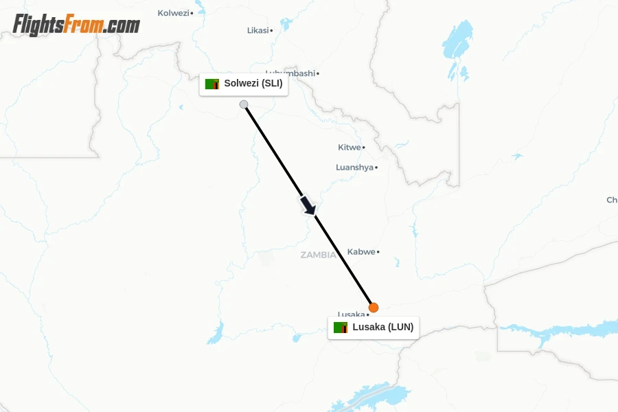 Flights from Solwezi to Lusaka route map