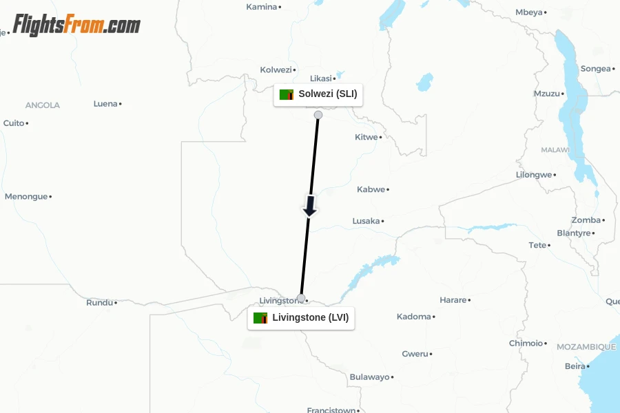 Flights from Solwezi to Livingstone route map