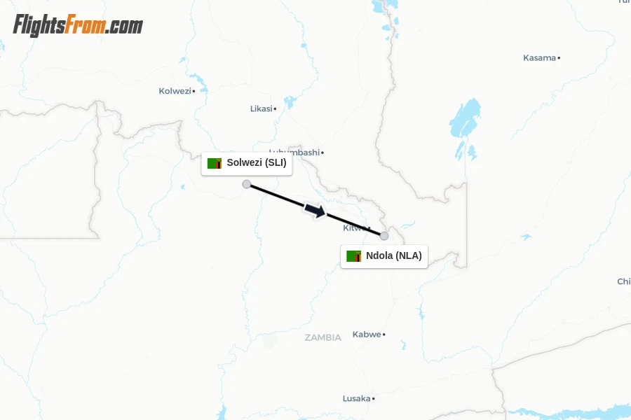 Flights from Solwezi to Ndola route map