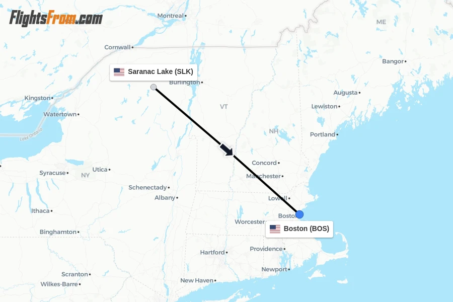 Flights from Saranac Lake to Boston route map