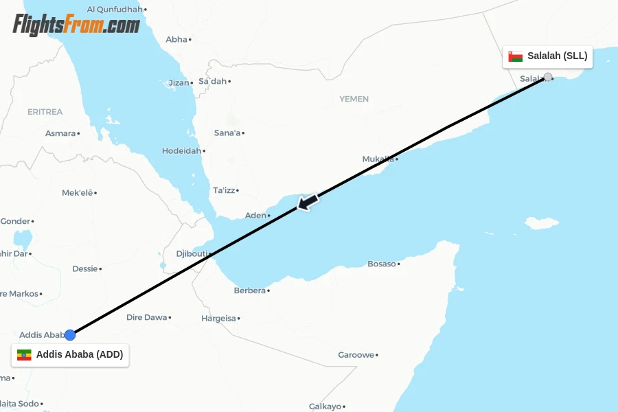 Flights from Salalah to Addis Ababa route map
