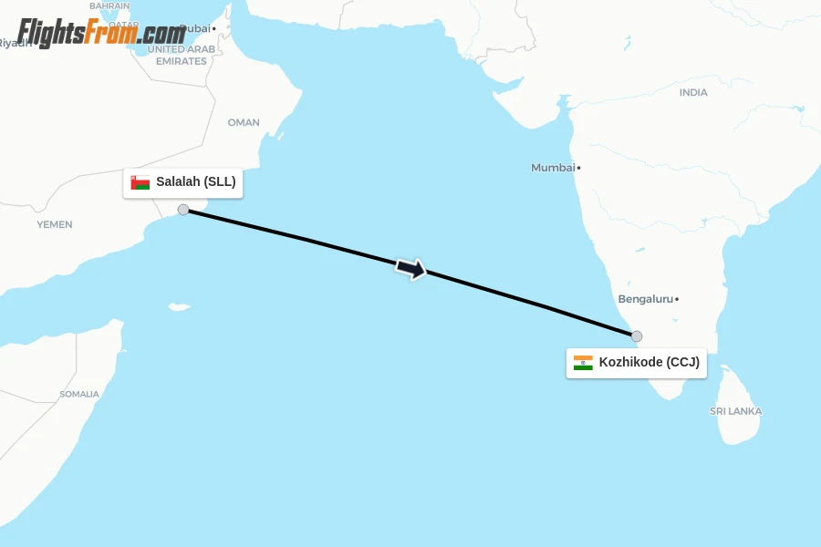 Flights from Salalah to Kozhikode route map