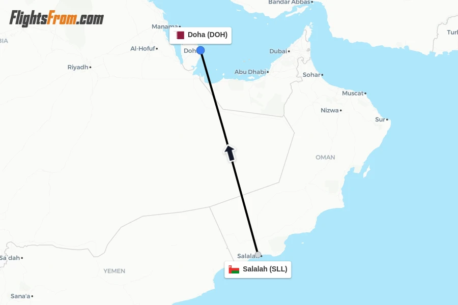 Flights from Salalah to Doha route map