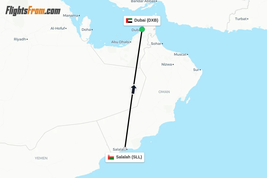 Flights from Salalah to Dubai route map