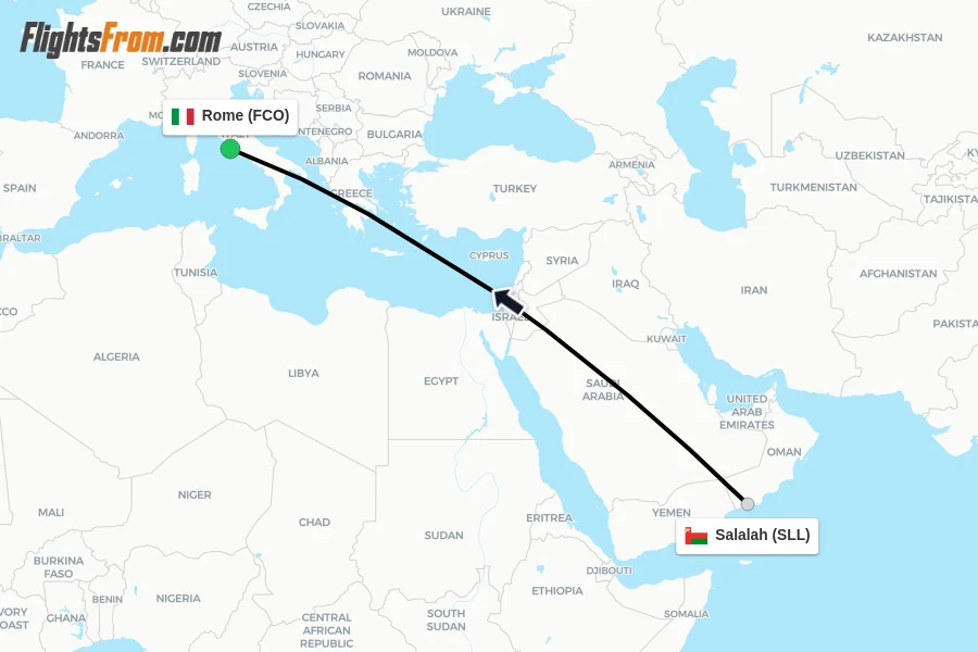 Flights from Salalah to Rome route map