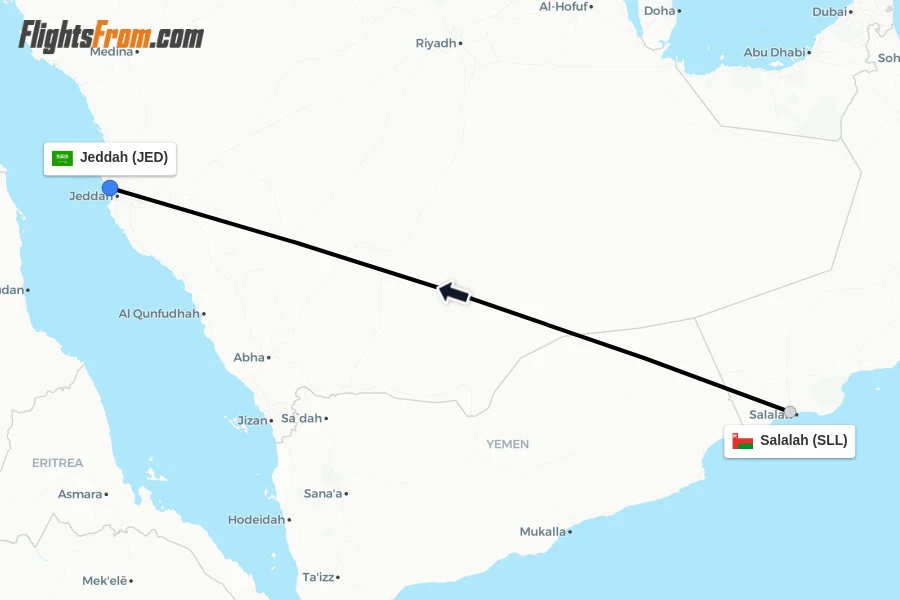 Flights from Salalah to Jeddah route map