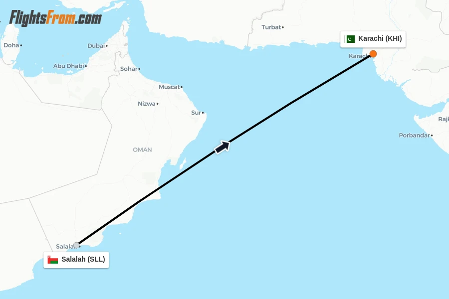 Flights from Salalah to Karachi route map