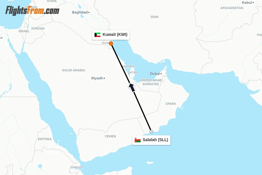 Flights from Salalah to Kuwait route map