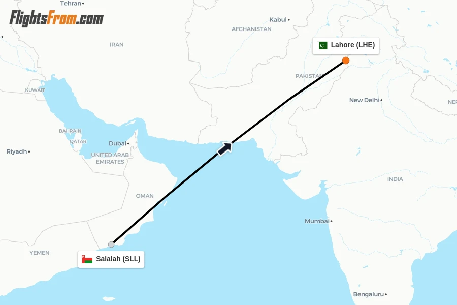 Flights from Salalah to Lahore route map