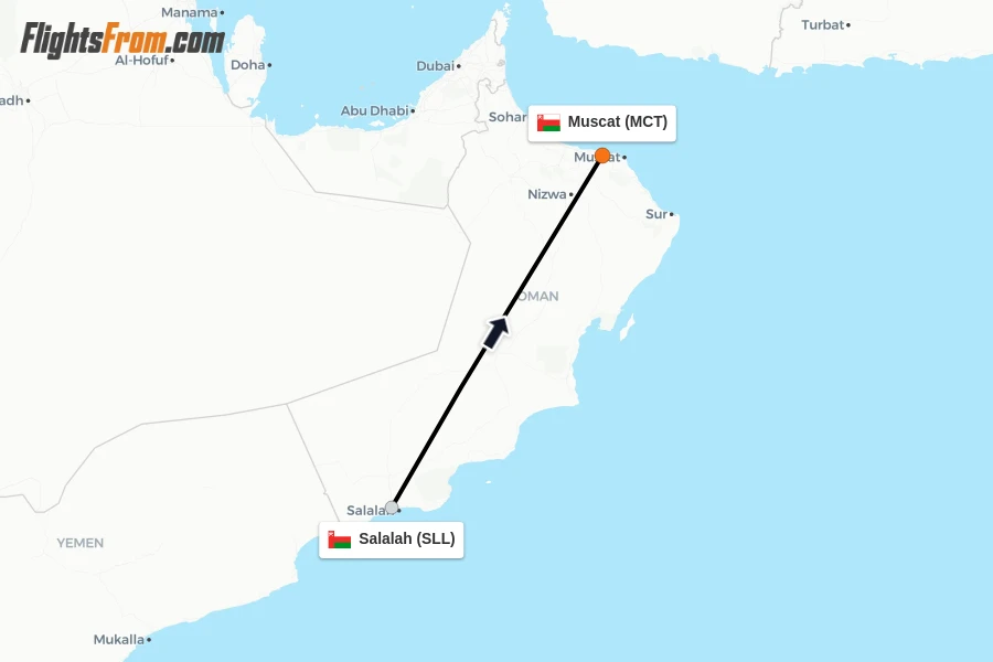 Flights from Salalah to Muscat route map
