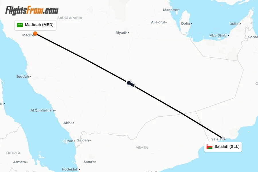 Flights from Salalah to Madinah route map