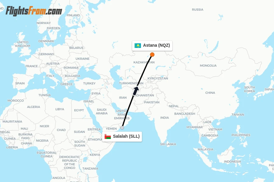 Flights from Salalah to Astana route map