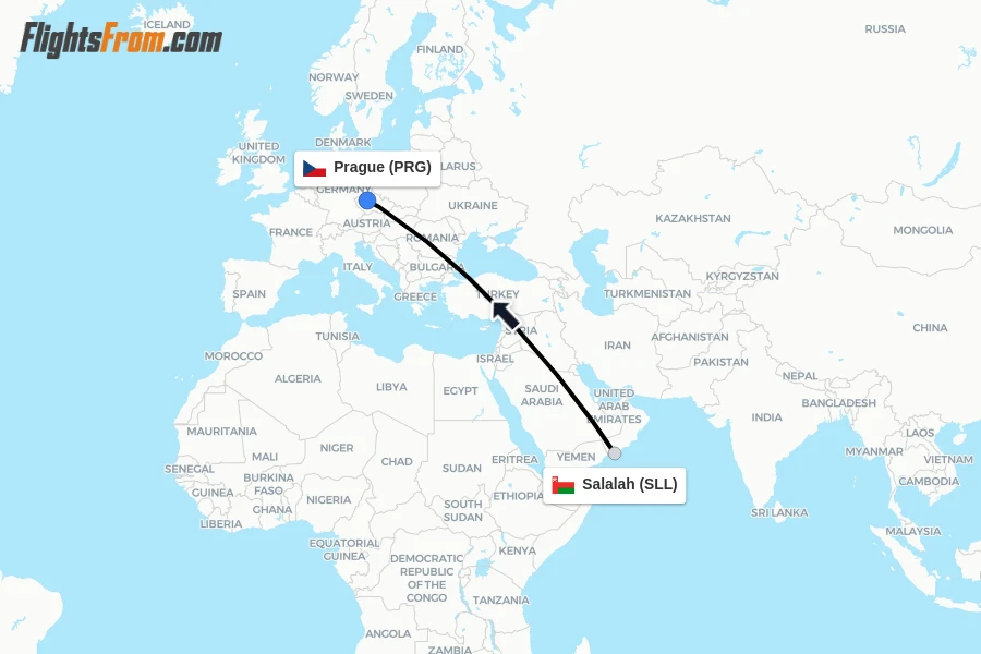 Flights from Salalah to Prague route map