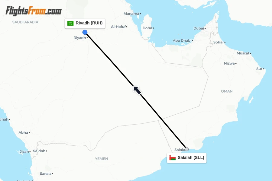 Flights from Salalah to Riyadh route map