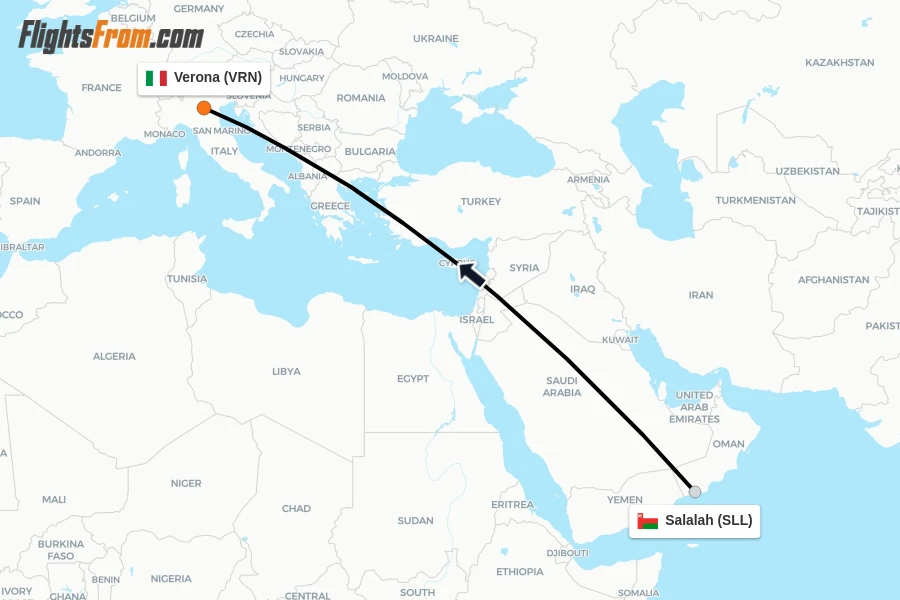 Flights from Salalah to Verona route map