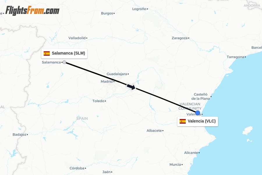 Flights from Salamanca to Valencia route map