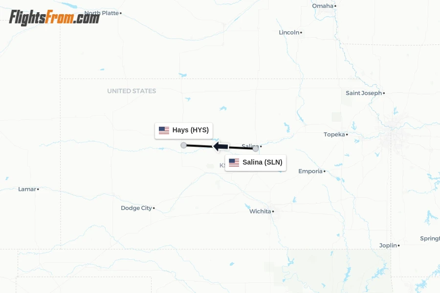 Flights from Salina to Hays route map