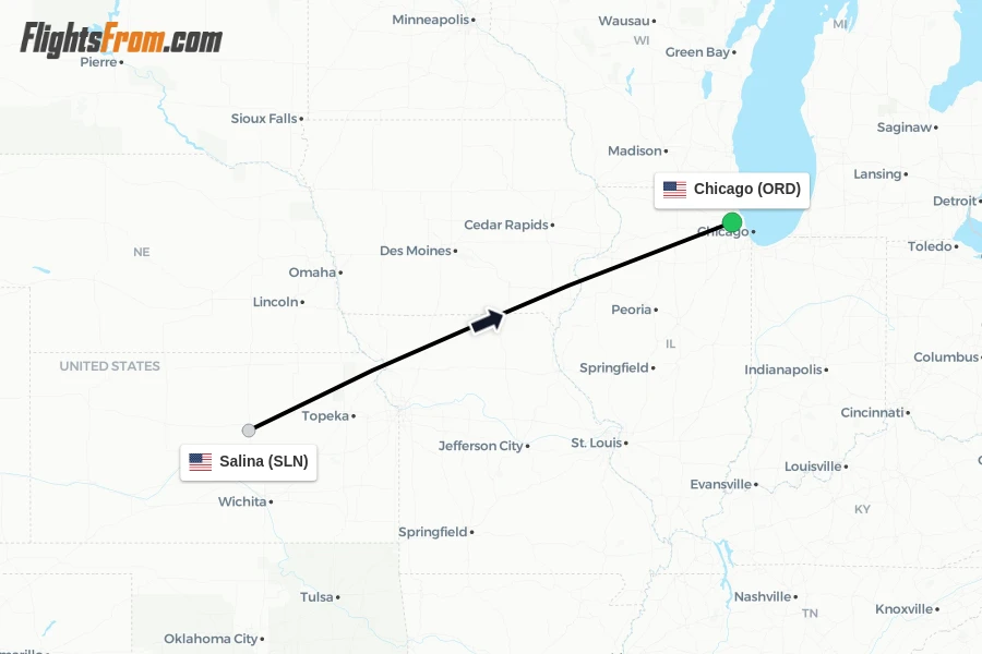 Flights from Salina to Chicago route map