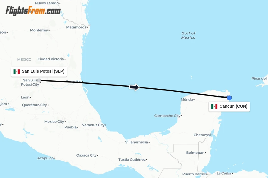 Flights from San Luis Potosi to Cancun route map